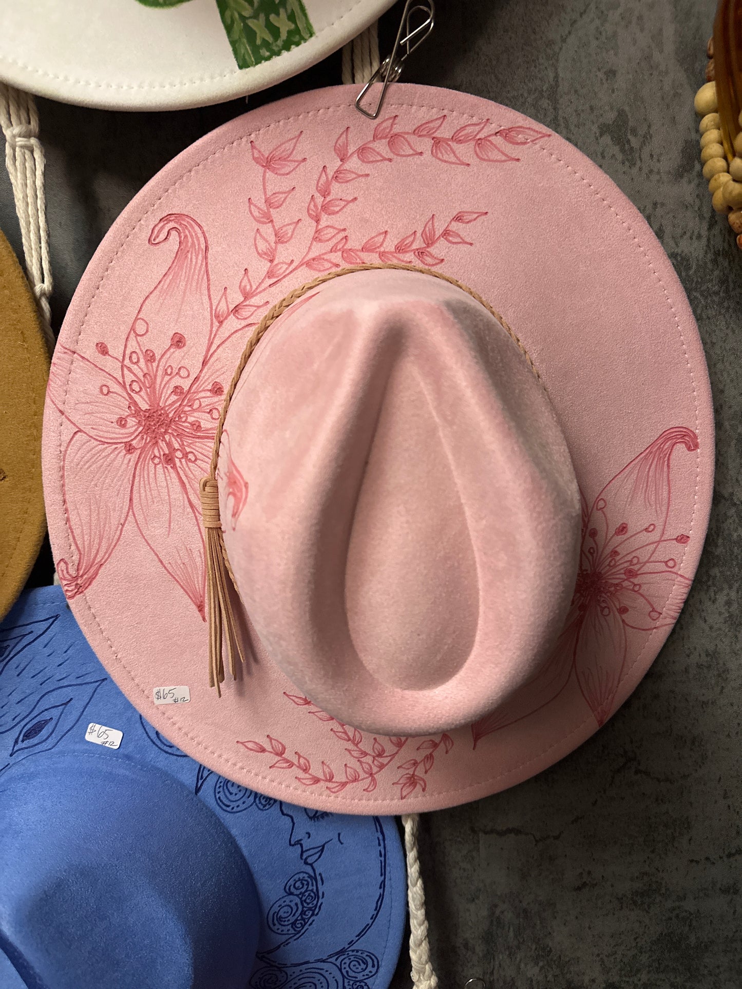 Wood Burned Hat - Pink Floral