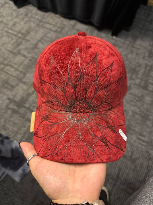 Wood Burned Ball Cap - Red Sunflower