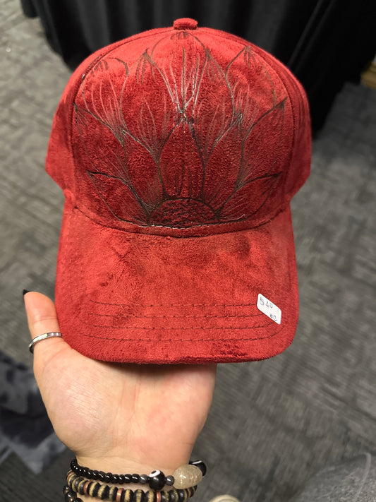 Wood Burned Ball Cap - Red Sunflower