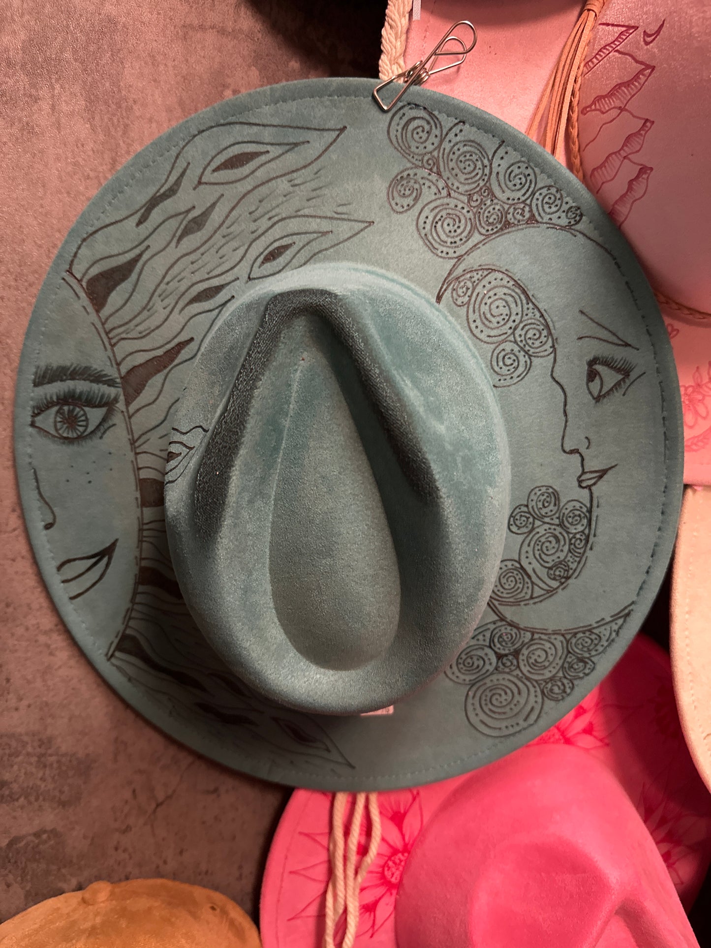 Wood Burned Hat - Teal Sun & Moon