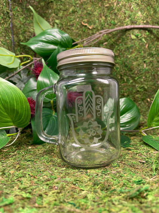 Hand Etched Mason Jar- Hamsa