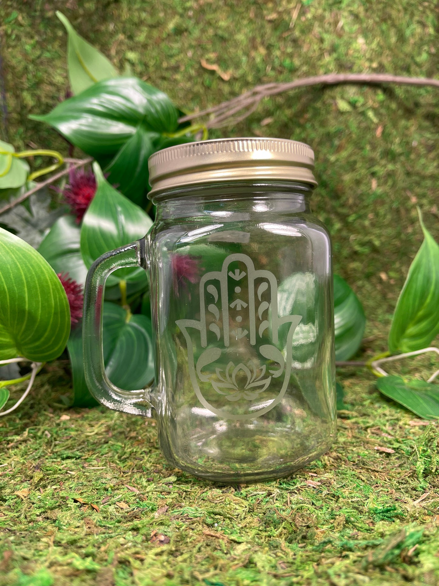 Hand Etched Mason Jar- Hamsa Hand with Lotus