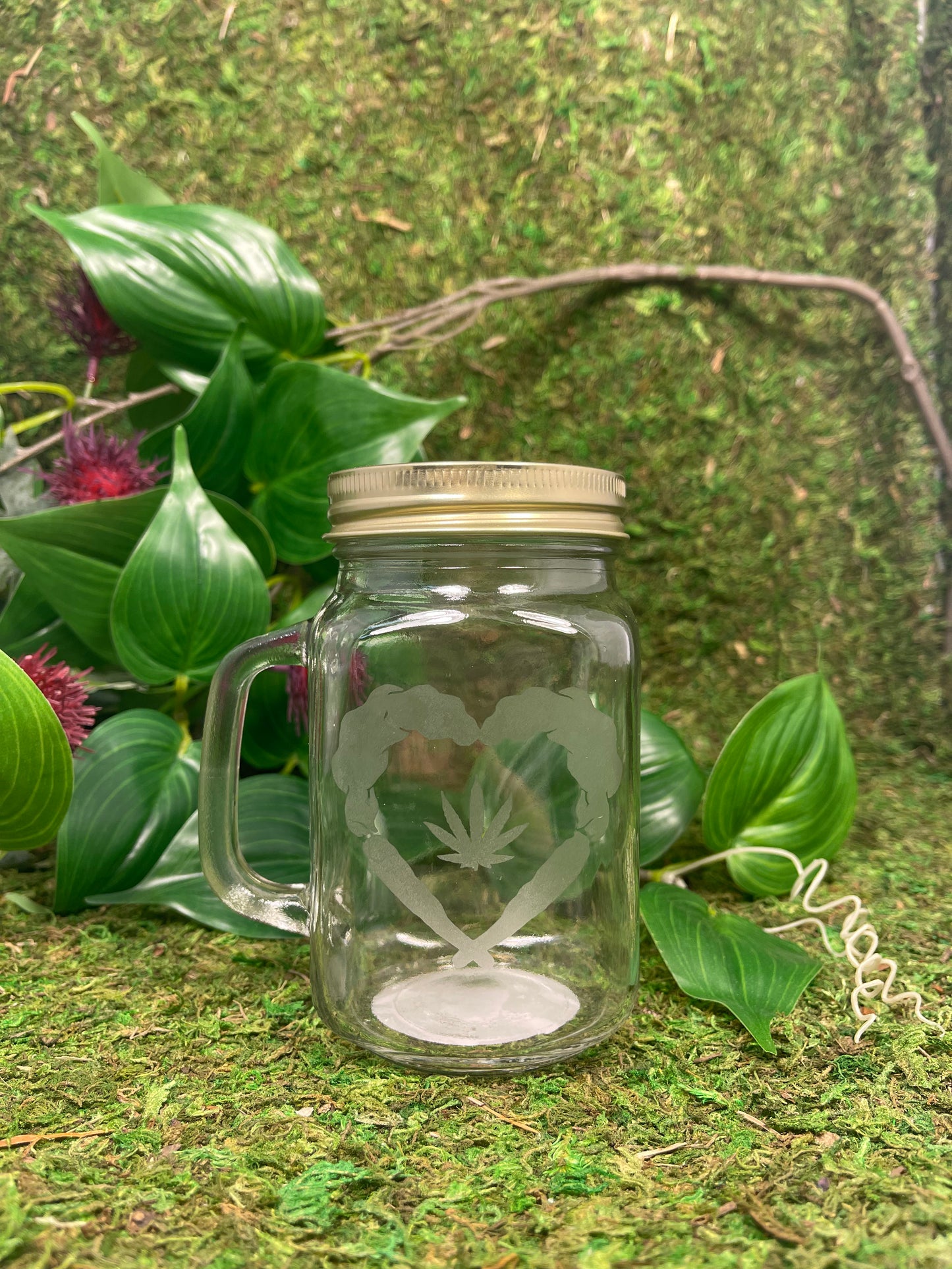 Hand Etched Mason Jar - Joint Heart