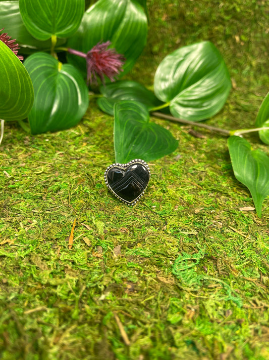 Heart Ring - Size 8 Black Banded Agate